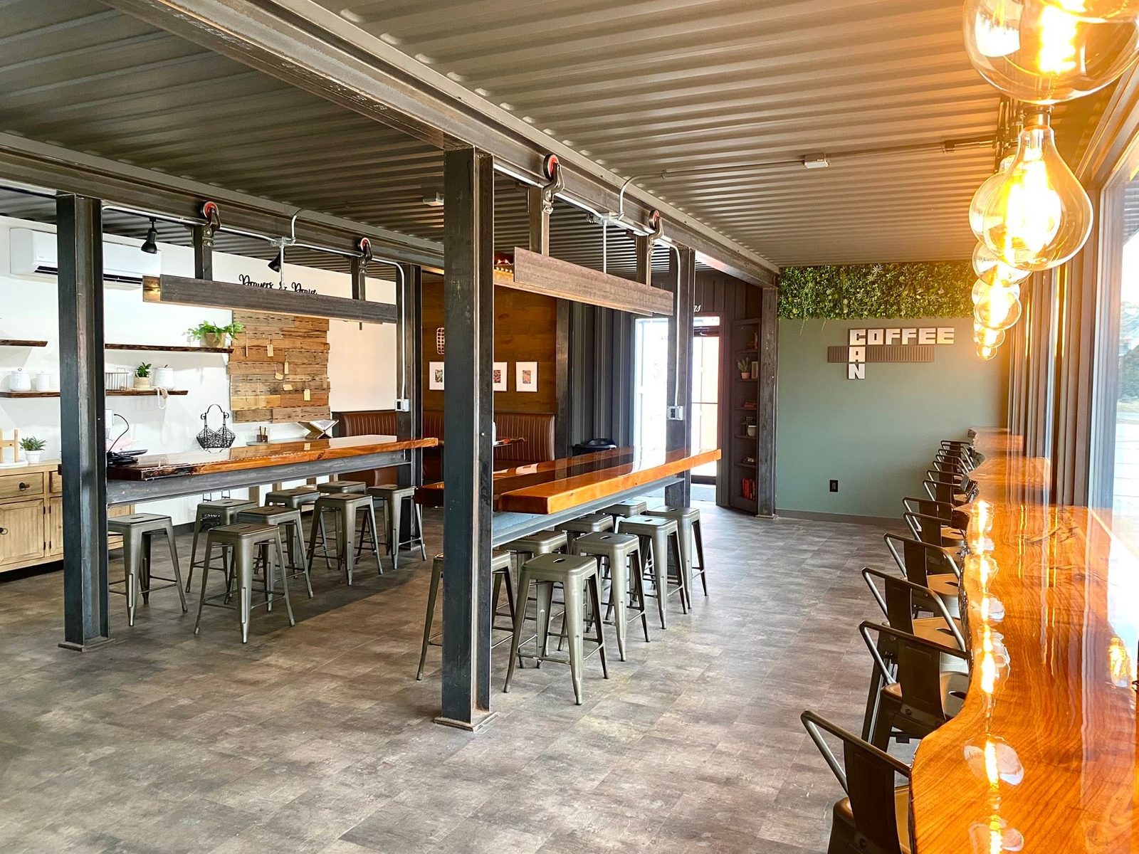Seating under the corrugated container ceiling